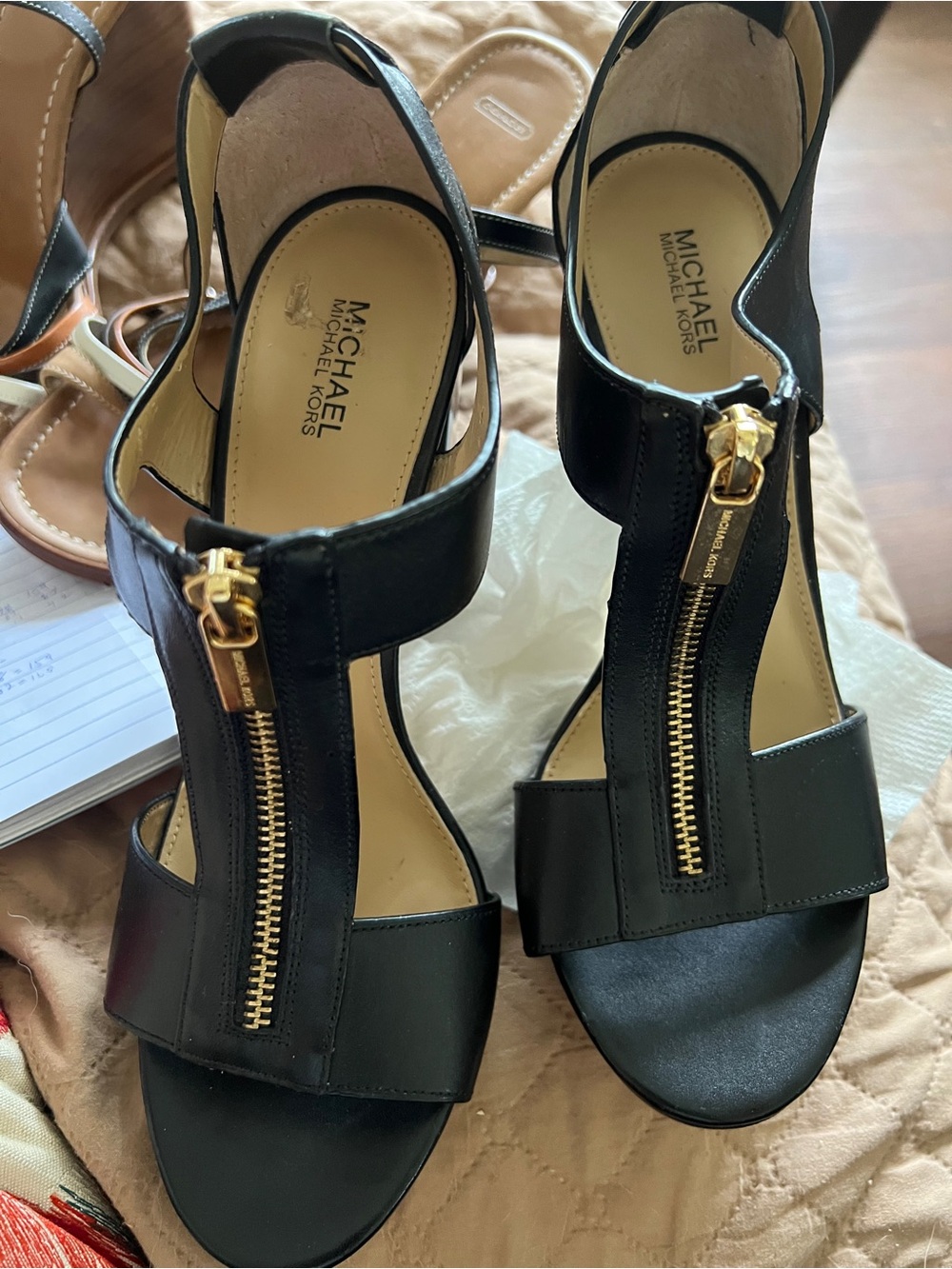 Michael Kors Berkley Black Leather T-Strap Platform Heel with Gold Zipper Size 9 - Picture 4 of 10